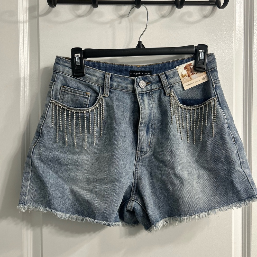 Sincerely Jules Blue Jean Shorts with Rhinestone Fringe